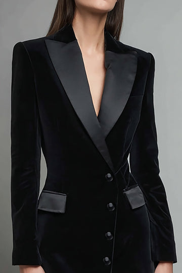 Robe blazer courte en velours noir à revers en pointe